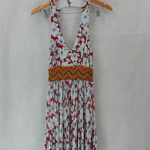 Anthro Maeve Long lined halter dress XS red white